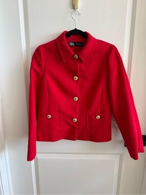 Zara Bright Red Gold-Button Blazer Jacket